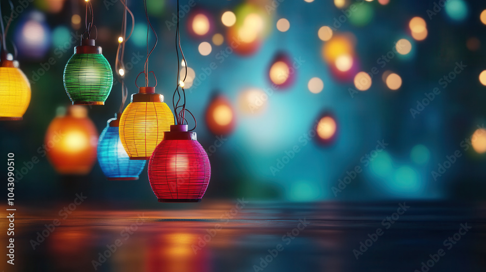 Fototapeta premium Colorful decorative lanterns glowing in night create warm and inviting atmosphere, enhancing beauty of surroundings with their vibrant hues and soft light