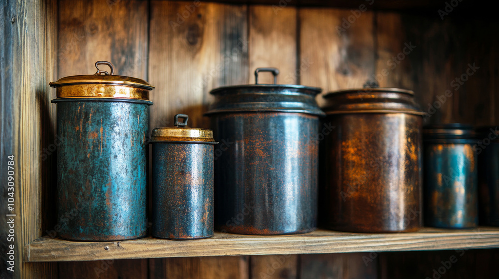 A row of aged, rusted tin canisters in varying sizes displayed on a rustic wooden shelf, showcasing vintage industrial charm.
