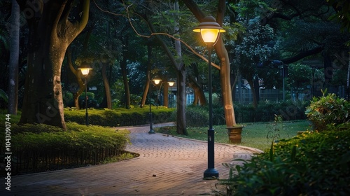 Fototapeta Naklejka Na Ścianę i Meble -  Park at night. Lit by street lamps, a path in the park is surrounded by greenery and trees, leading into the forest in the evening. Quiet atmosphere with natural light.