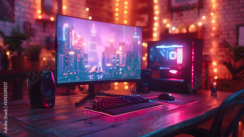 A stylish gaming setup featuring a monitor, keyboard, and desktop PC, illuminated by vibrant neon lights in a cozy room
