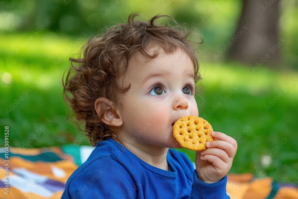 A cute toddler enjoying a snack outdoors, with a curious expression and curly hair. A cute toddler enjoying a snack outdoors, with a curious expression and curly hair.