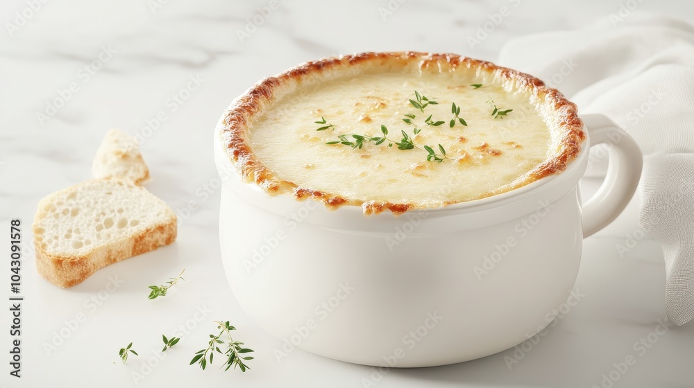 Creamy soup in a white bowl, garnished with herbs, on a marble countertop. Creamy soup in a white bowl, garnished with herbs, on a marble countertop.