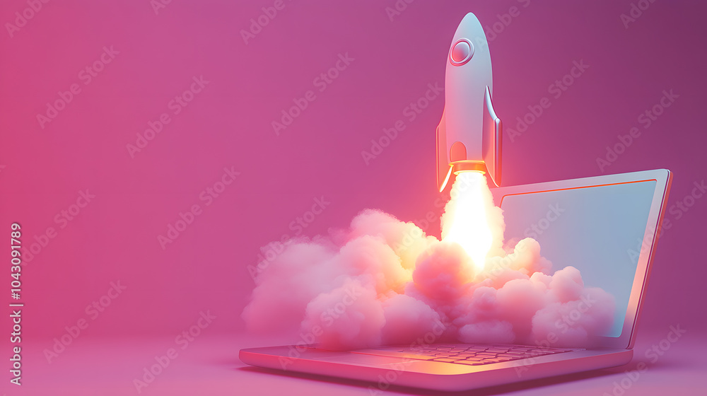 Obraz premium Rocket Launching from Laptop with Cloud Smoke
