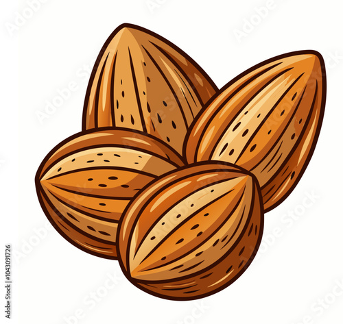 Vector illustration of three almonds, focusing on their detailed texture in a cartoon flat style. Delicious raw vegan healthy food outline and almond icons.