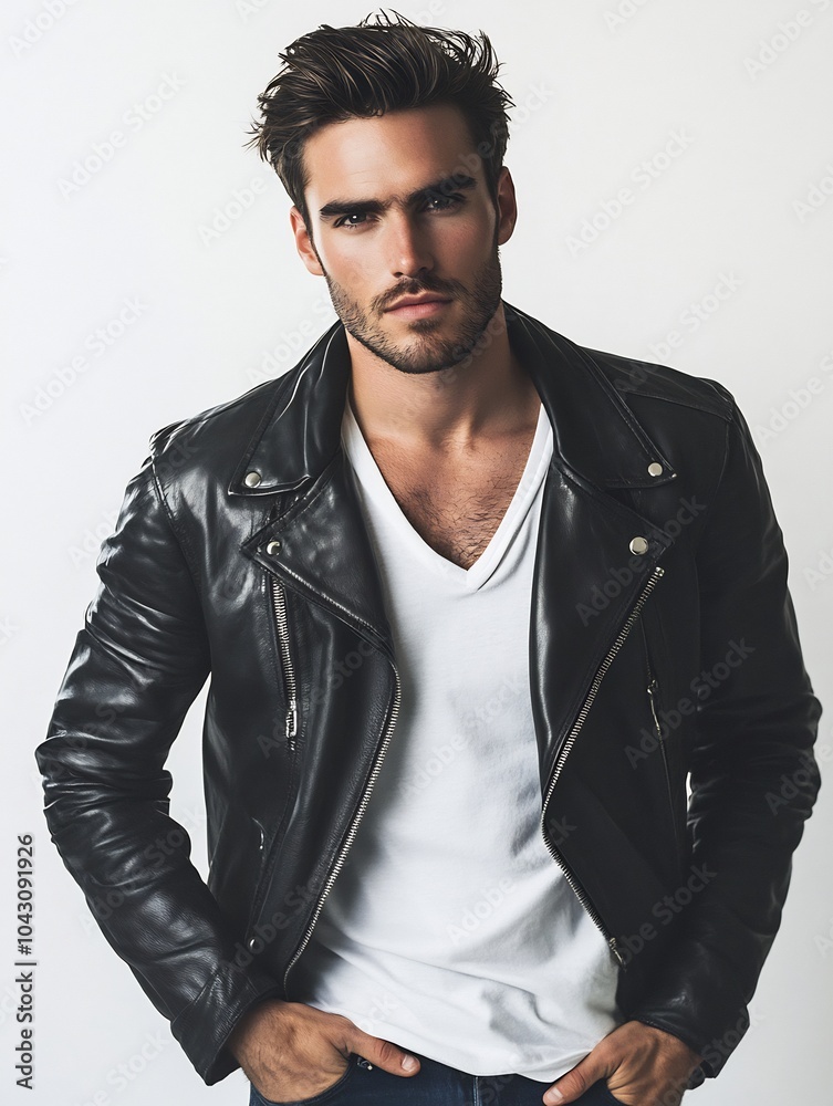 Fototapeta premium Model man in a stylish leather jacket with a V-neck shirt on a white background.