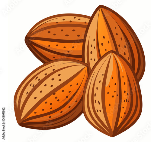 Vector illustration of three almonds, focusing on their detailed texture in a cartoon flat style. Delicious raw vegan healthy food outline and almond icons.