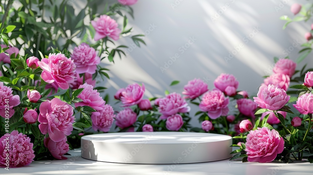 Podium with fuchsia peonies, product white, 3d summer table, beauty stand, display, nature white. Garden with peonies background cosmetic day gift field scene. Podium with fuchsia peonies, product white, 3d summer table, beauty stand, display, nature white. Garden with peonies background cosmetic day gift field scene.