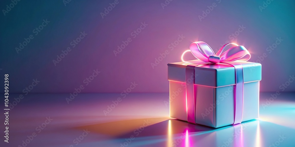 Glowing gift box with neon light effect on pastel background Glowing gift box with neon light effect on pastel background