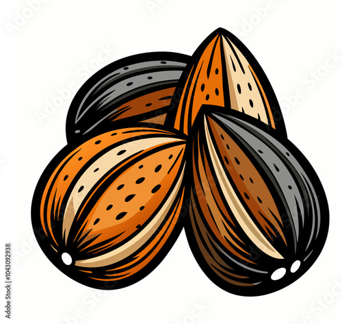 Vector illustration of three almonds, focusing on their detailed texture in a cartoon flat style. Delicious raw vegan healthy food outline and almond icons.