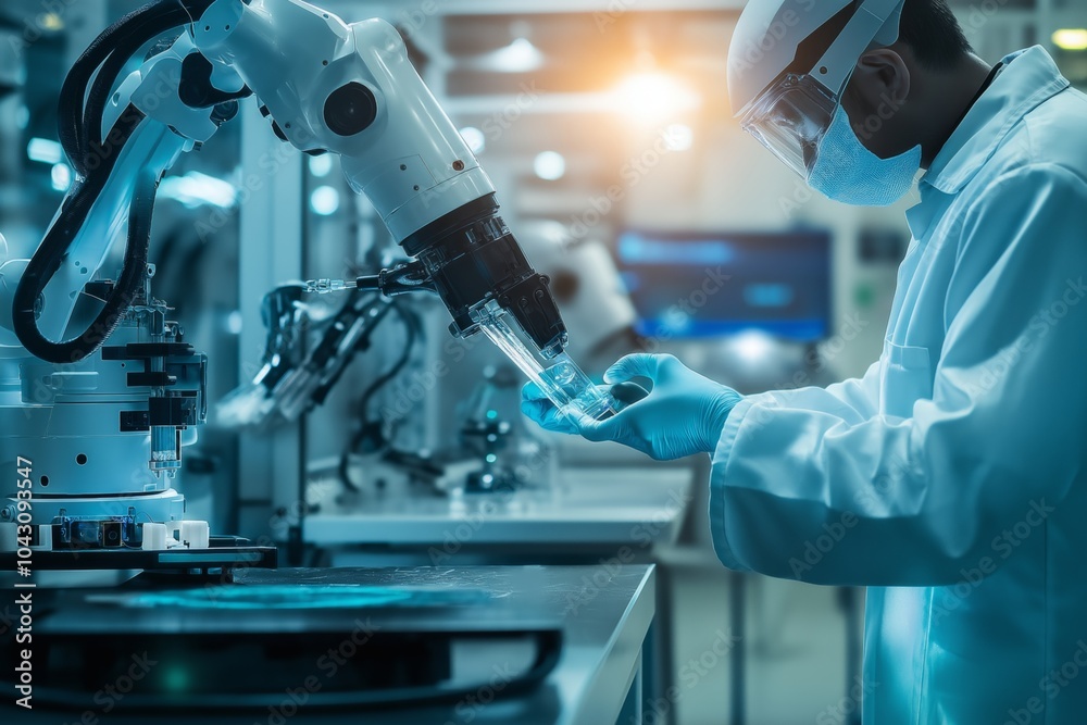 Collaborative innovation  engineer and humanoid robot in a modern laboratory environment