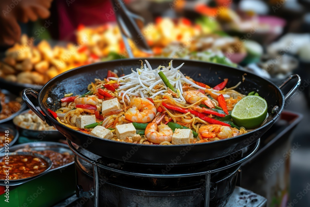 A vibrant dish of shrimp noodles garnished with bean sprouts and lime, served in a traditional street food setting. A vibrant dish of shrimp noodles garnished with bean sprouts and lime, served in a traditional street food setting.