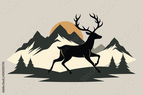 Black Silhouette of Deer and Mountains vector background