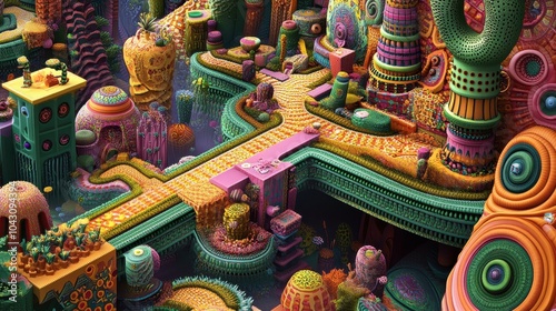 A fractal representation of a garden filled with colorful patterns and shapes, creating a joyful and playful scene. 