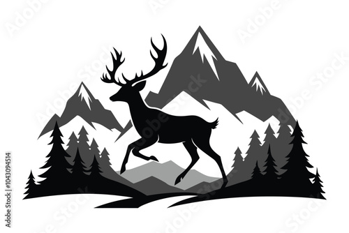 Black Silhouette of Deer and Mountains vector background