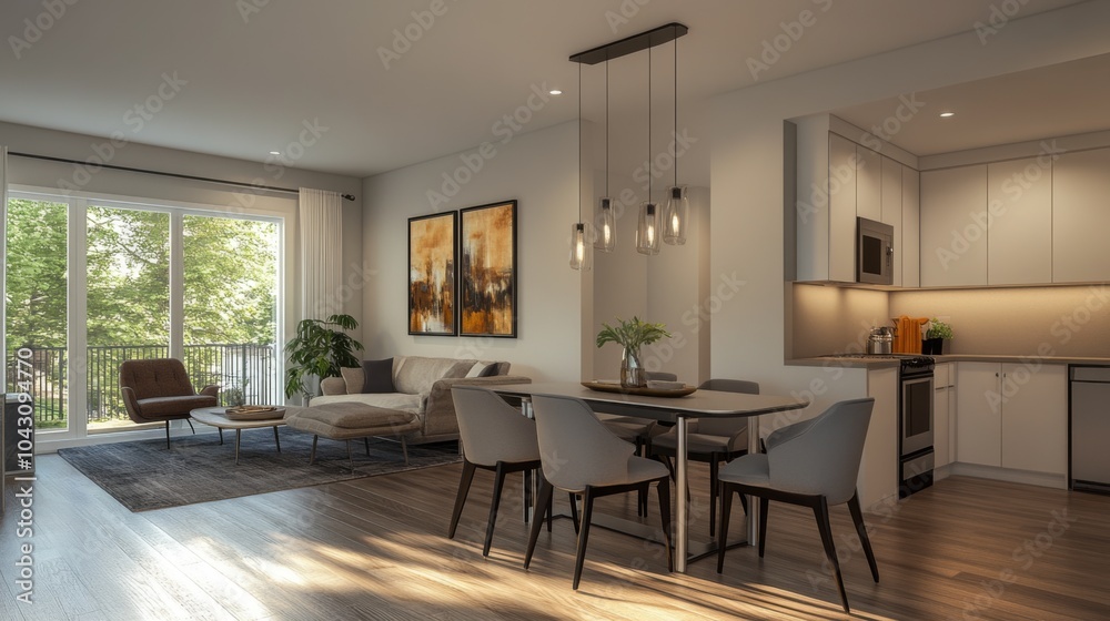 Fototapeta premium Modern Open Concept Living Space with Dining Area, Kitchen, and Balcony Access