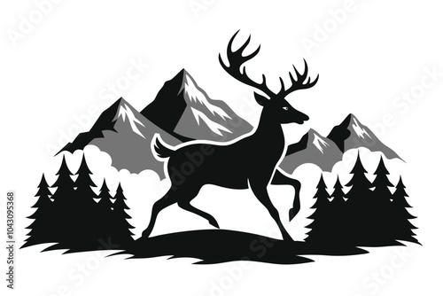 Black Silhouette of Deer and Mountains vector background