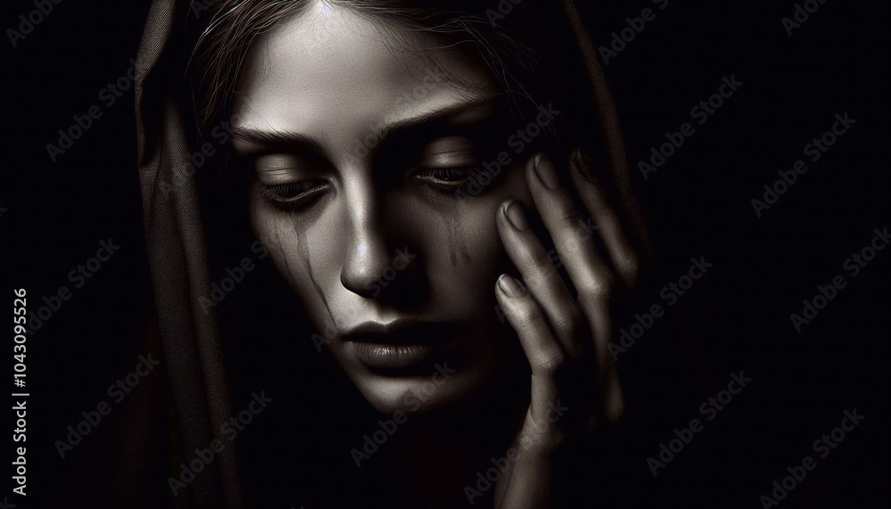 Portrait of a grieving woman in a dramatic chiaroscuro style Portrait of a grieving woman in a dramatic chiaroscuro style