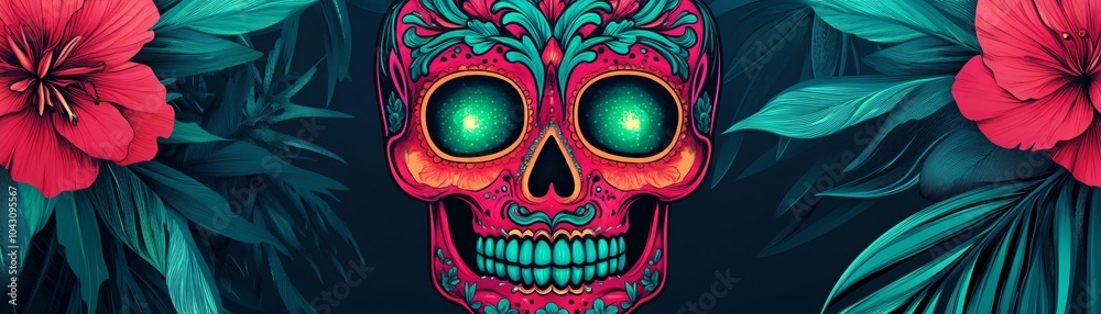 Luminous sugar skull in neon pink and green, intricate floral patterns, glowing background. Luminous sugar skull in neon pink and green, intricate floral patterns, glowing background.