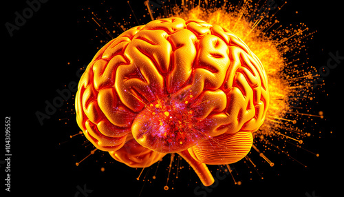 3d image of a gold colored human brain and an explosion of color isolated with white highlights, png photo