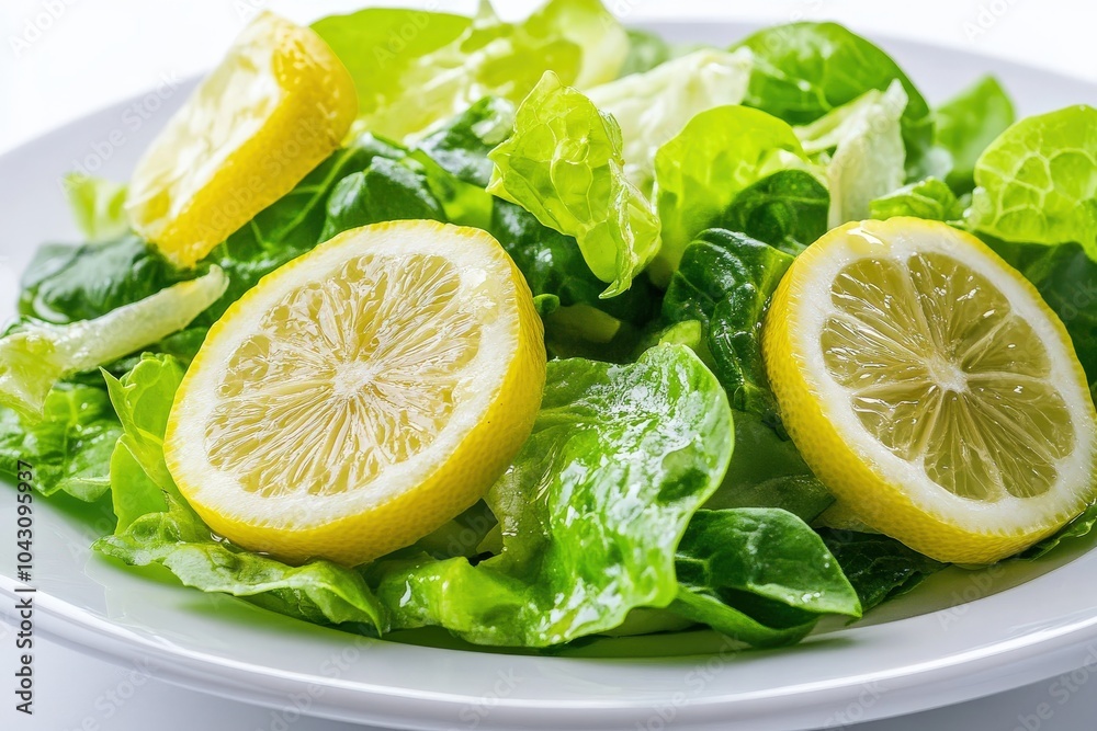 Caesar Salad in a White Plate. Fresh Green Lettuce with Lemon and Romaine Leaves Caesar Salad in a White Plate. Fresh Green Lettuce with Lemon and Romaine Leaves