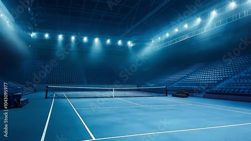 Empty tennis court, Net and sport fans sitting on tribune waiting for game start. Open air stadium with flashlights. Sport	