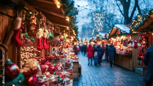 A cozy market stall filled with handmade wreaths, ornaments, and hot cocoa, with snow falling softly around it