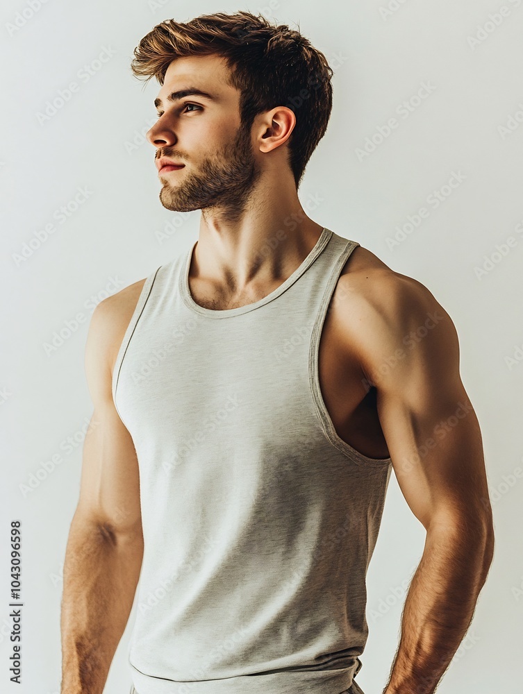 Model man in a sleeveless tank top showing muscular arms on a white background. Model man in a sleeveless tank top showing muscular arms on a white background.