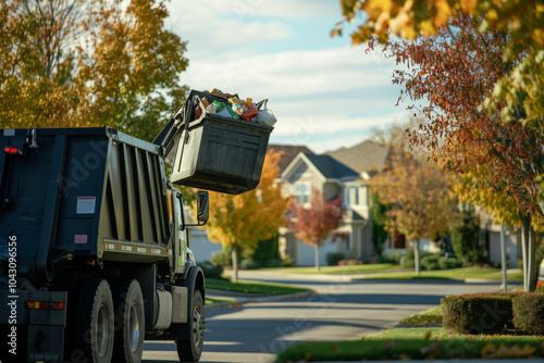The garbage truck is positioned on a quiet suburban street, lifting a large orange dumpster filled with trash to empty it into its cargo area as sunlight breaks through early clouds.