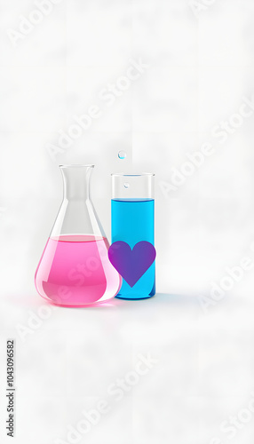 Chemistry of love concept. Flasks with pink and blue liquid, 3D rendering isolated on transparent background isolated with white highlights, png photo