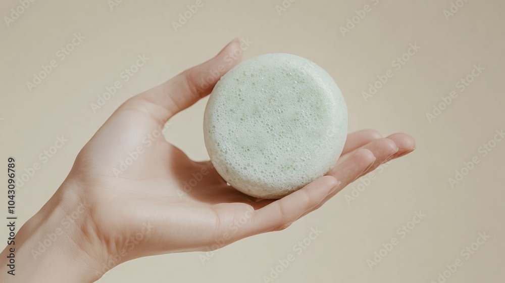 green beauty routine, frothy solid shampoo, elegant hand gesture, muted earth tones, environmentally friendly personal care, macro shot, low-impact lifestyle, serene atmosphere green beauty routine, frothy solid shampoo, elegant hand gesture, muted earth tones, environmentally friendly personal care, macro shot, low-impact lifestyle, serene atmosphere