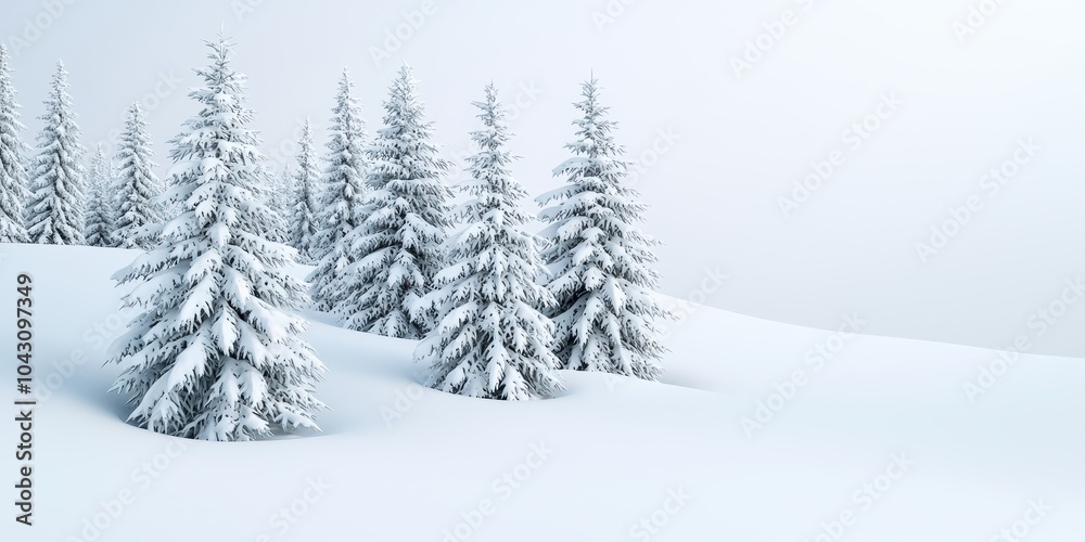 Snow-covered trees on a serene winter landscape, white isolated background. Snow-covered trees on a serene winter landscape, white isolated background.