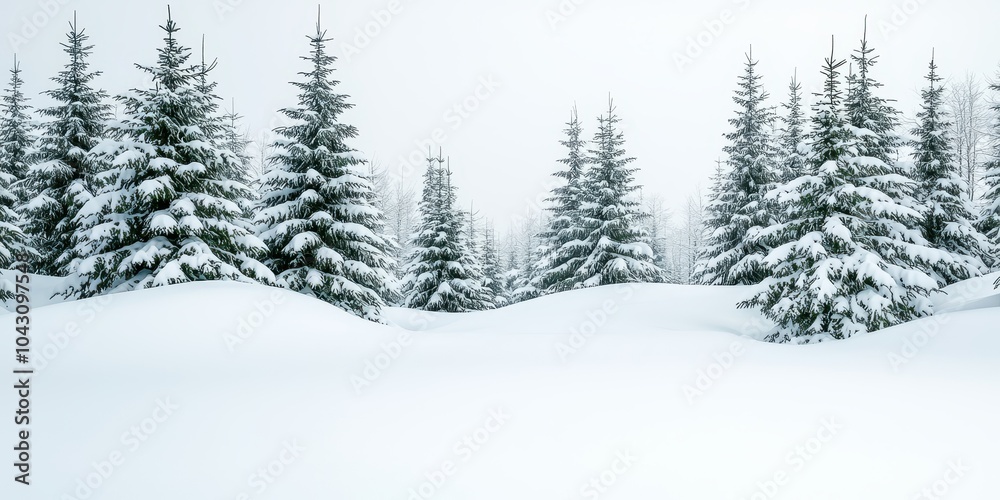 Obraz premium Snowy evergreen trees in a serene winter landscape, white isolate background.