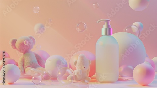 Playful and delicate baby skincare product mockup with soft pastels and teddy bear photo