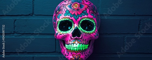 Vibrant sugar skull glowing in neon pink and green, intricate floral designs, dark backdrop. photo