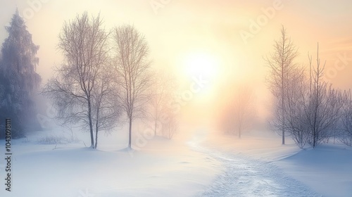 A serene winter landscape with trees and a path, illuminated by a soft sunrise.