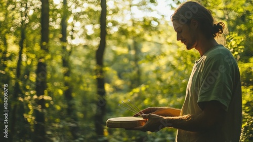 A serene outdoor sound healing meditation in the forest, with a sound therapist playing tuning forks photo