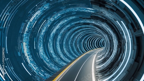 3D Rendering of abstract wire cable tunnel with digital binary data transmitting. Depth of field effect. Inside AI concept. Technology, machine learning, big data, virtualization. Product background