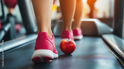 Person walking on a treadmill at a gym, with an apple placed on the treadmill belt near their feet, symbolizing a health and fitness concept.