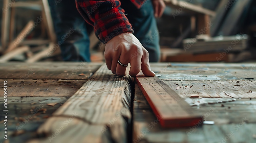 Carpenter working on a wooden plank in his carpentry workshop Carpenter working on a wooden plank in his carpentry workshop