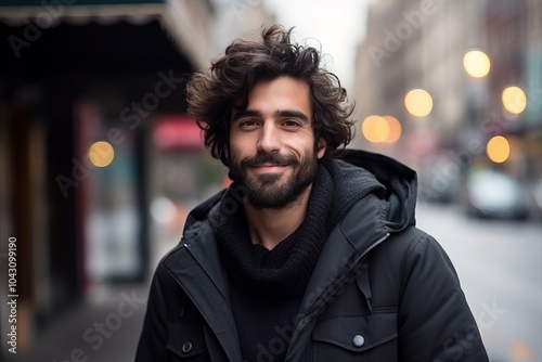 Portrait of handsome young man with curly hair in the city.