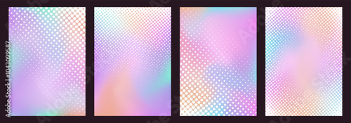 Y2k aura backgrounds with white halftone texture pattern, retro techno backdrops and cards with gradient mesh. Vector illustration.