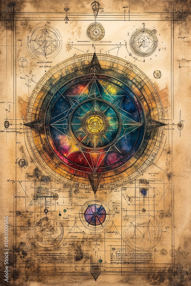 Fototapeta premium Exploring the mystical compass a detailed visualization of celestial navigation and geometric patterns in a cosmic design
