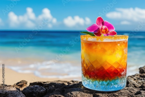 A vibrant Mai Tai cocktail with colorful layers, served in a tiki glass with a fresh orchid garnish, set against a Hawaiian beach backdrop  photo