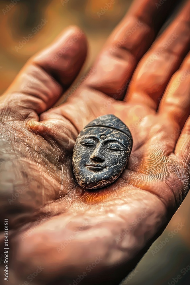 A carved stone amulet resting in the palm of a spiritual leader A carved stone amulet resting in the palm of a spiritual leader