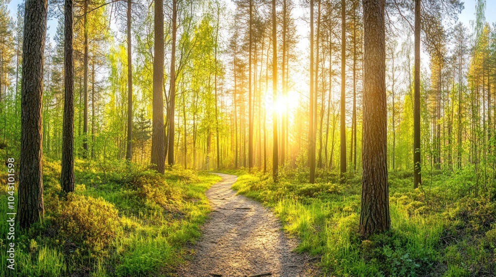 A serene forest path illuminated by sunlight, showcasing nature's beauty and tranquility. A serene forest path illuminated by sunlight, showcasing nature's beauty and tranquility.