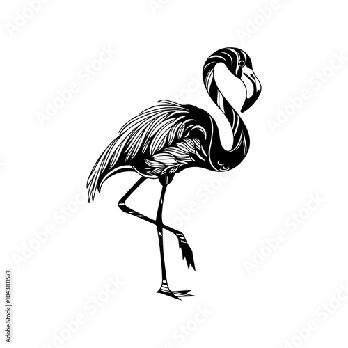 Vector hand drawn flamingo bird. Black and white Vector illustration.