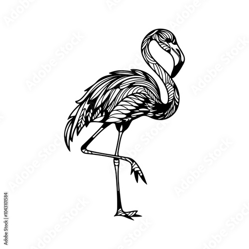 Vector hand drawn flamingo bird. Black and white Vector illustration.