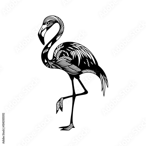 Vector hand drawn flamingo bird. Black and white Vector illustration.