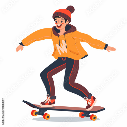 Happy young man skateboarding.