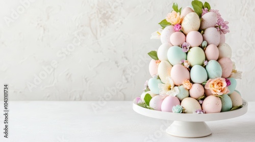 A pastel Easter egg tower centerpiece decorated with flowers on a white pedestal, perfect for spring celebrations and elegant table decor. photo